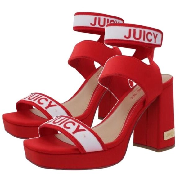 Juicy Couture Glisten Platform Heels Womens 8 Red Ankle Strap Shoes Blook Heel - Picture 6 of 9